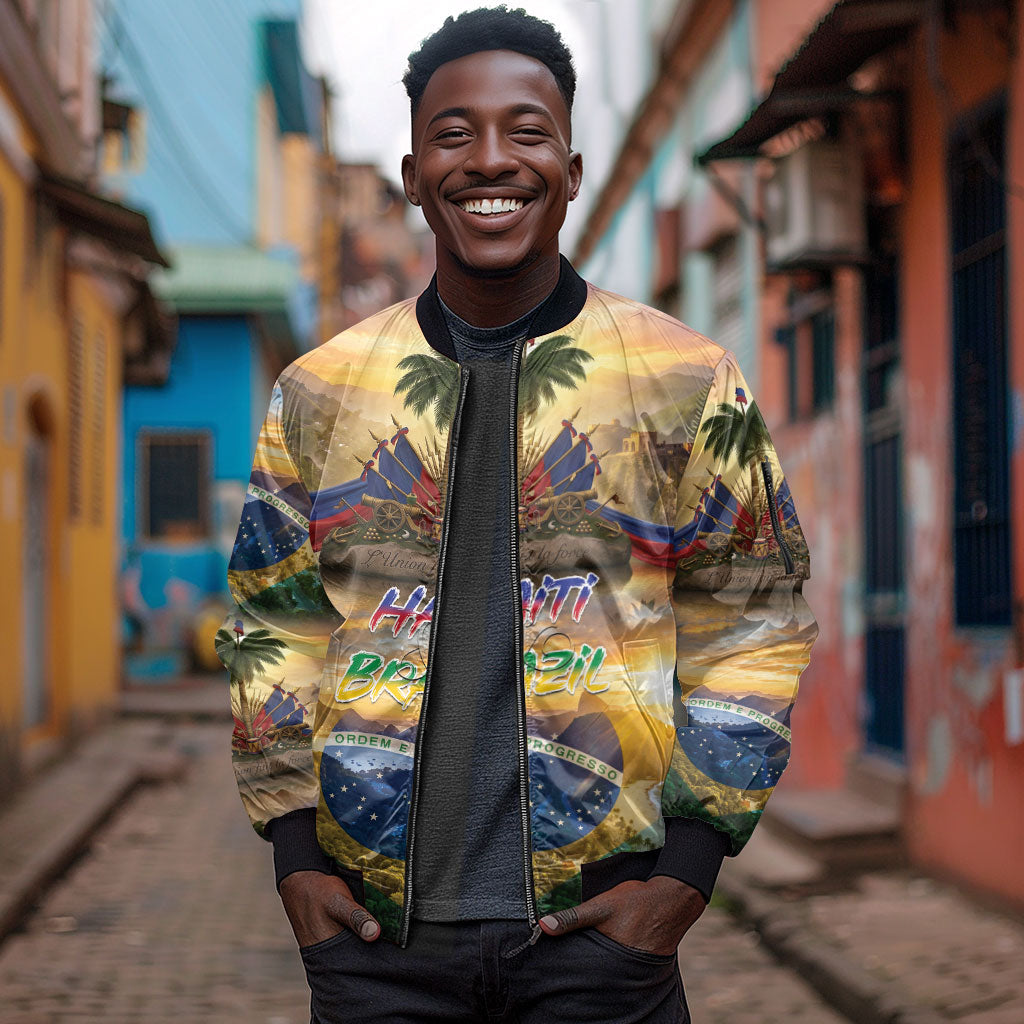 Personalized Brazil Haiti Sleeve Zip Bomber Jacket Heritage Landscape
