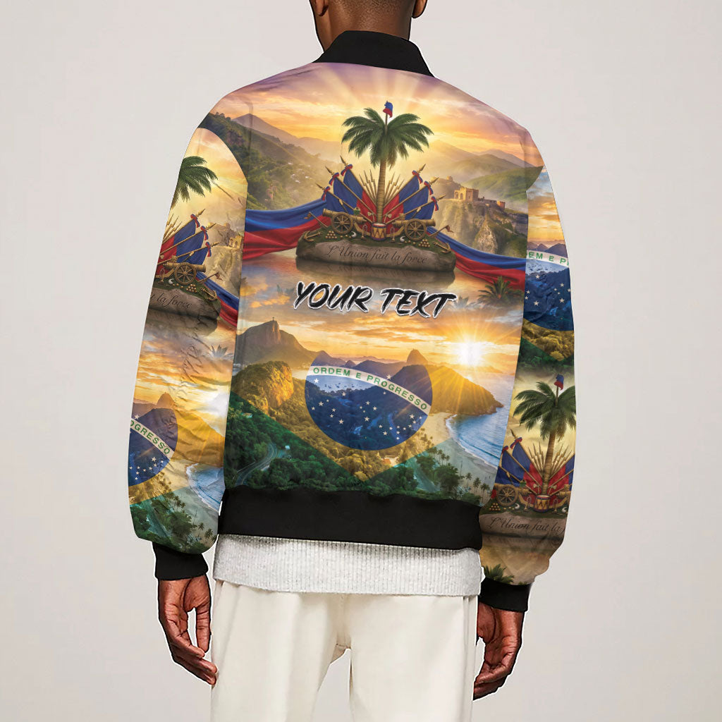 Personalized Brazil Haiti Sleeve Zip Bomber Jacket Heritage Landscape