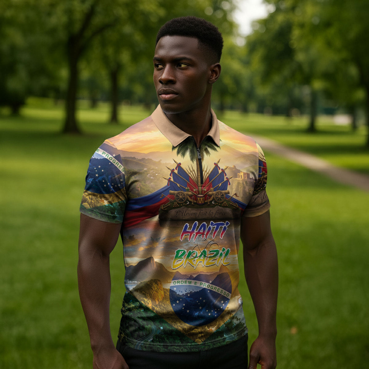 Personalized Brazil Haiti Zipper Polo Shirt Heritage Landscape