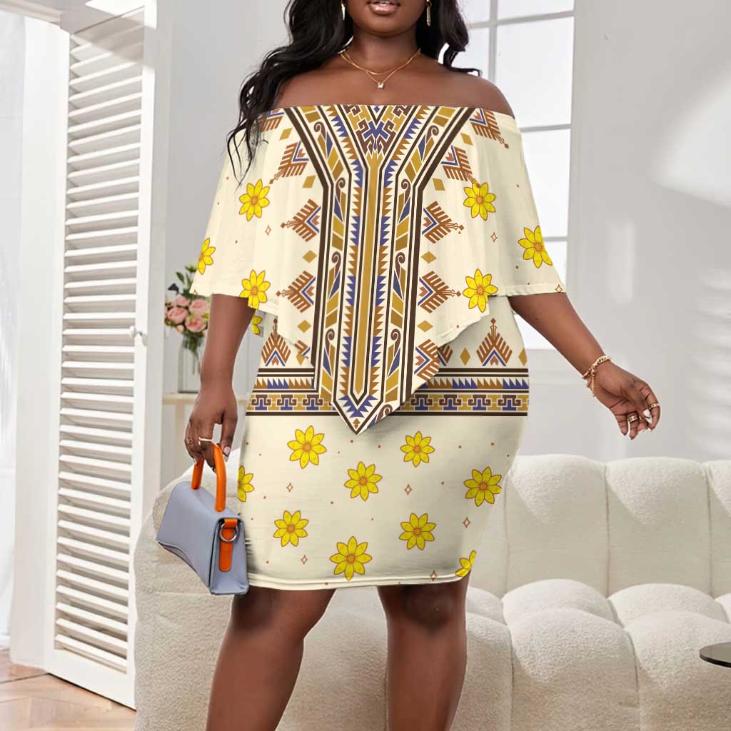 Enkutatash Dashiki Adey Abeba Pattern Off Shoulder Short Dress