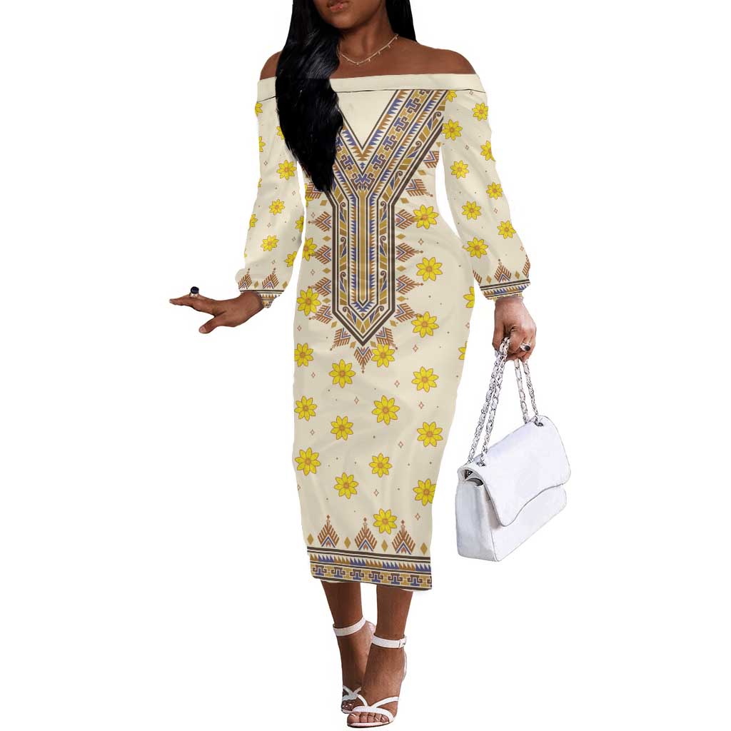 Enkutatash Dashiki Adey Abeba Pattern Off The Shoulder Long Sleeve Dress