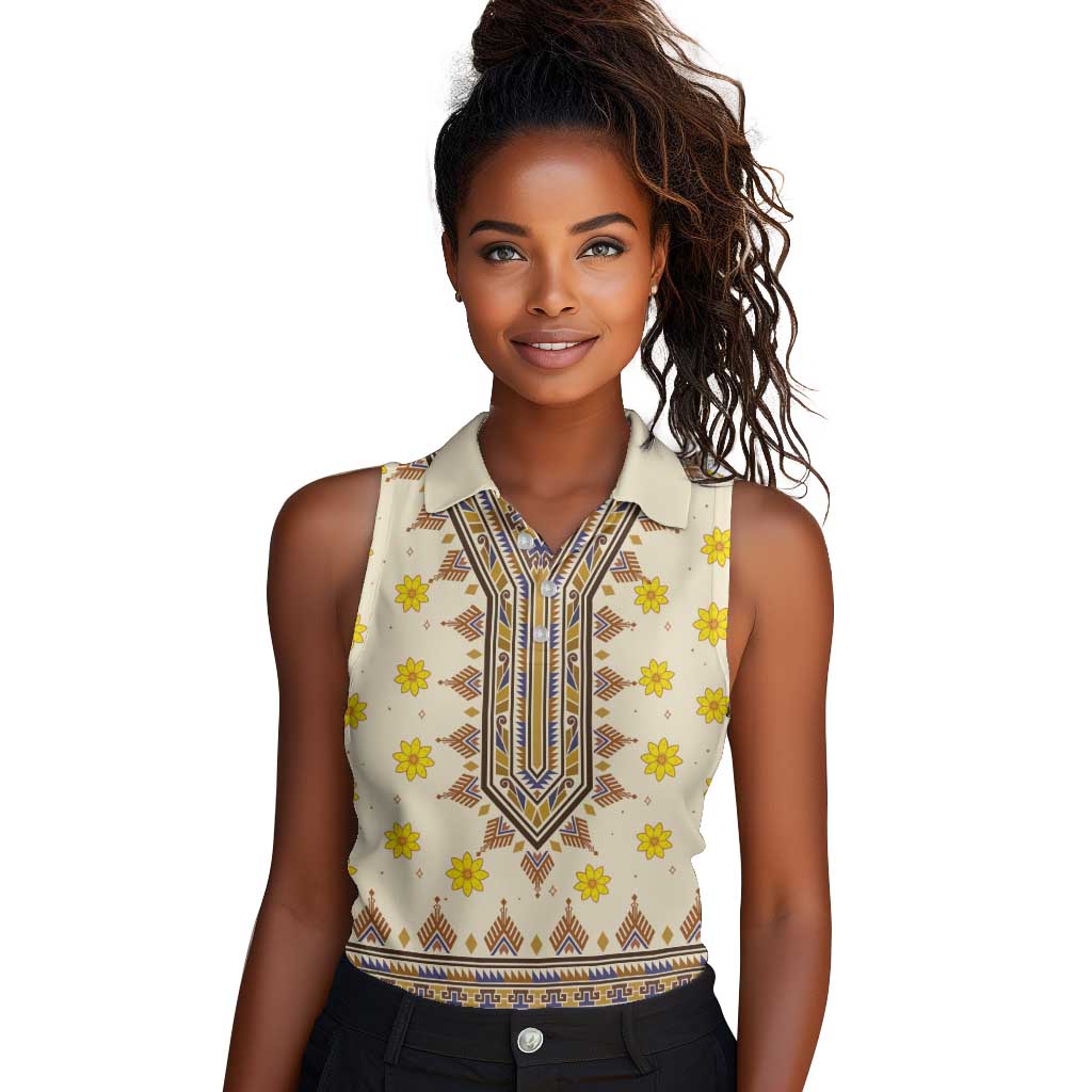 Enkutatash Dashiki Adey Abeba Pattern Women Sleeveless Polo Shirt