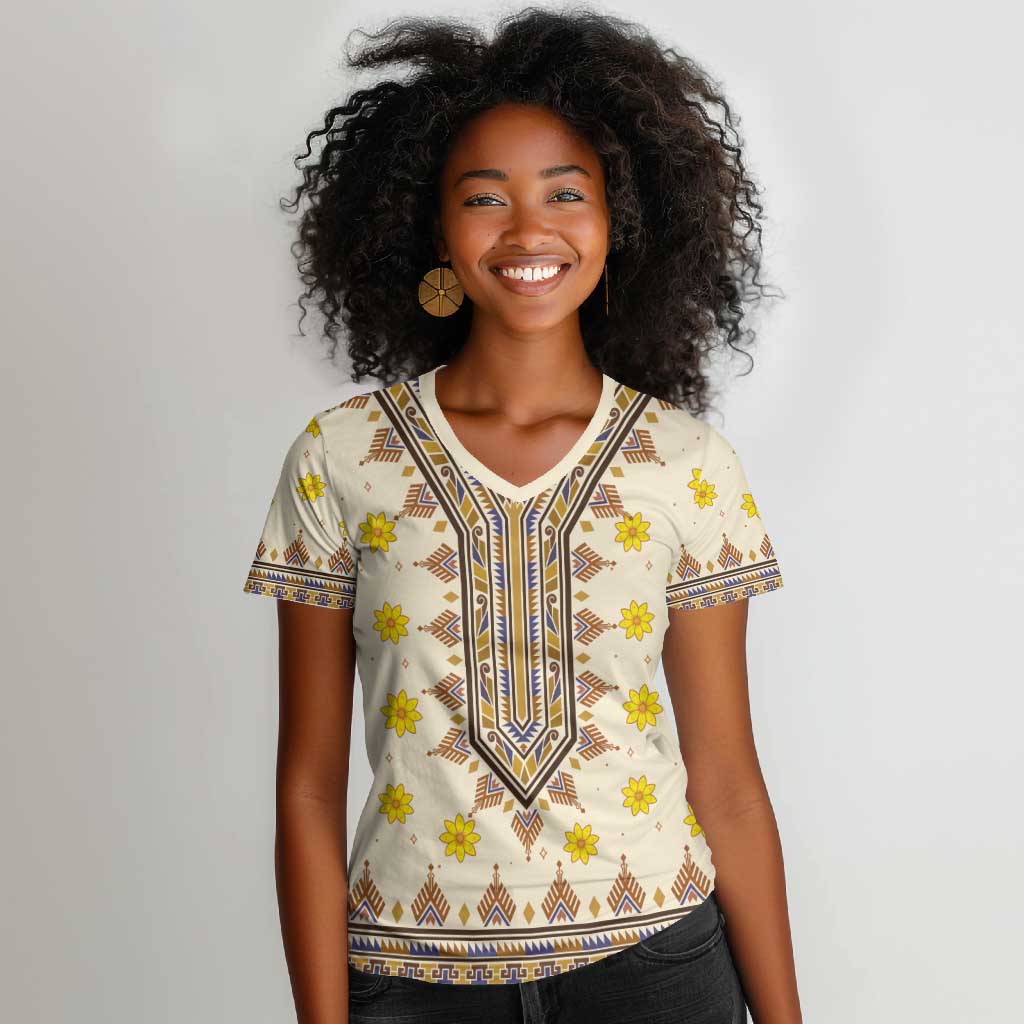 Enkutatash Dashiki Adey Abeba Pattern Women V-Neck T-Shirt