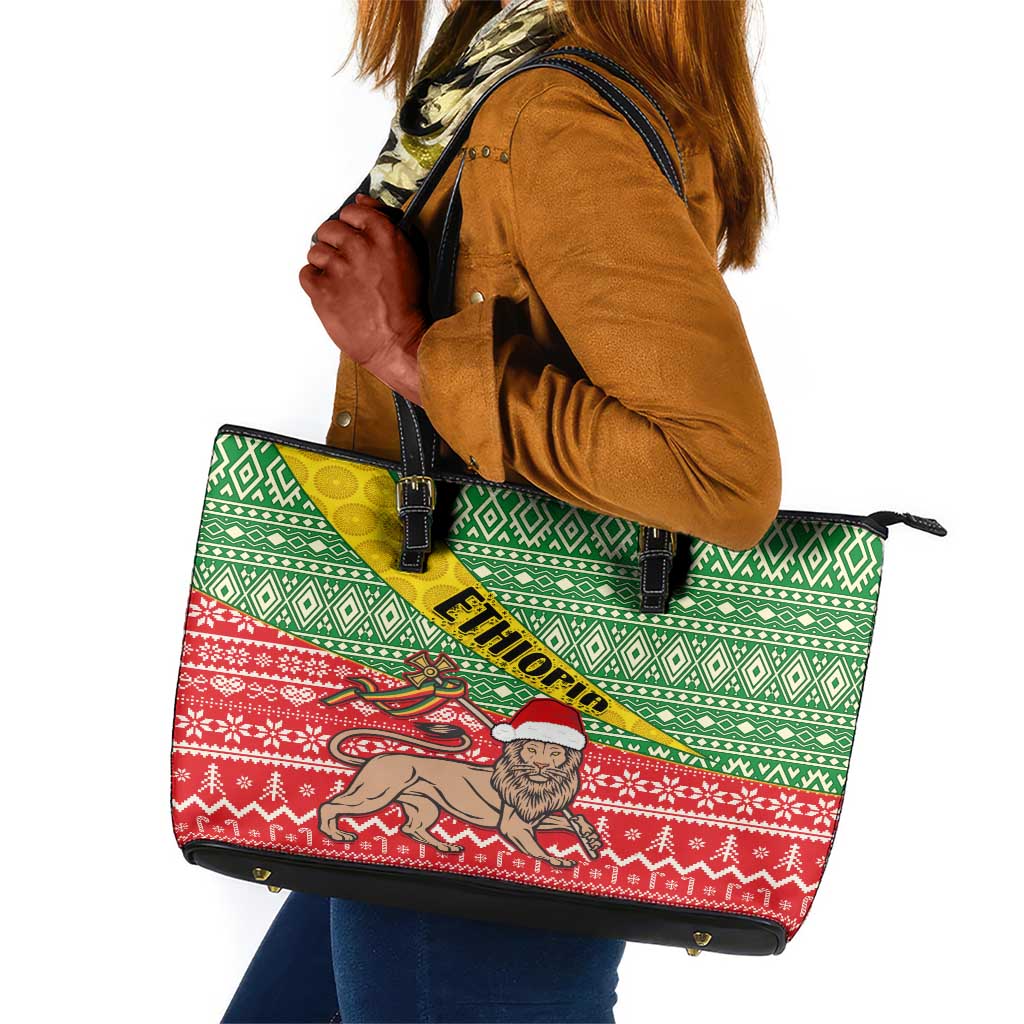 Ethiopia Christmas Leather Tote Bag - Melkam Gena with African Pattern