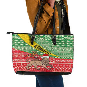 Ethiopia Christmas Leather Tote Bag - Melkam Gena with African Pattern