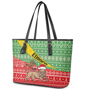 Ethiopia Christmas Leather Tote Bag - Melkam Gena with African Pattern