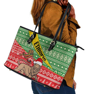 Ethiopia Christmas Leather Tote Bag - Melkam Gena with African Pattern