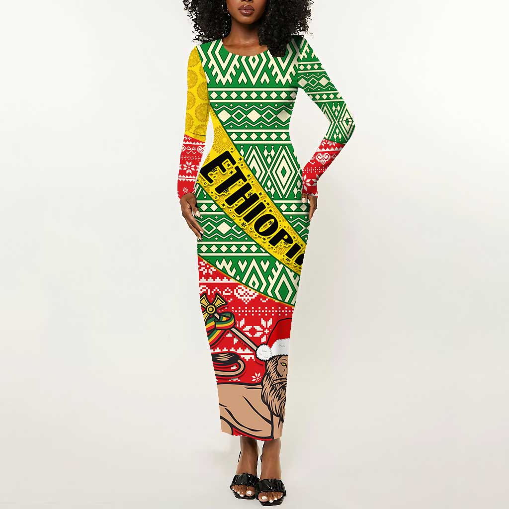 Ethiopia Christmas Long Sleeve Bodycon Dress - Melkam Gena with African Pattern