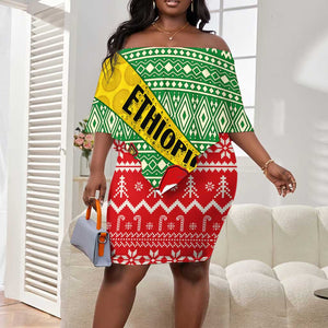 Ethiopia Christmas Off Shoulder Short Dress - Melkam Gena with African Pattern LT01