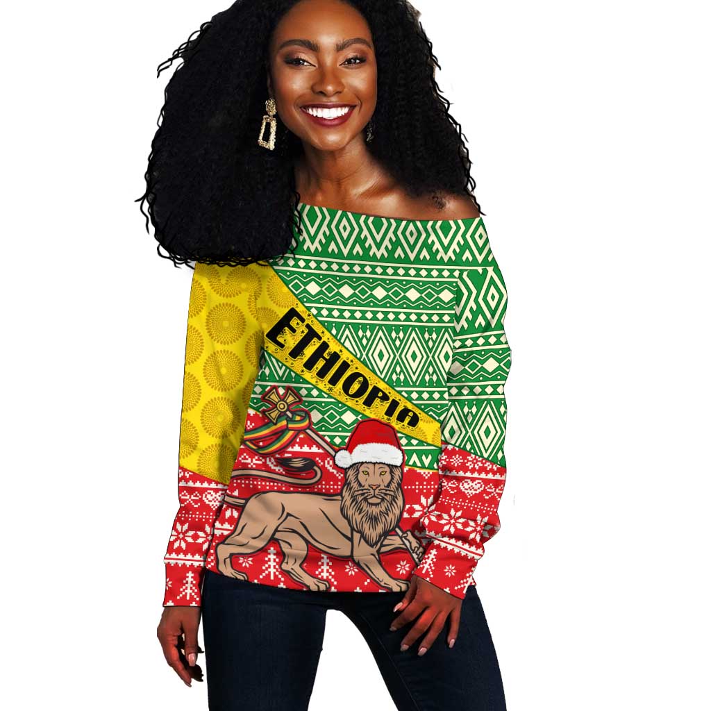 Ethiopia Christmas Off Shoulder Sweater - Melkam Gena with African Pattern