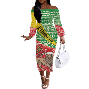 Ethiopia Christmas Off The Shoulder Long Sleeve Dress - Melkam Gena with African Pattern