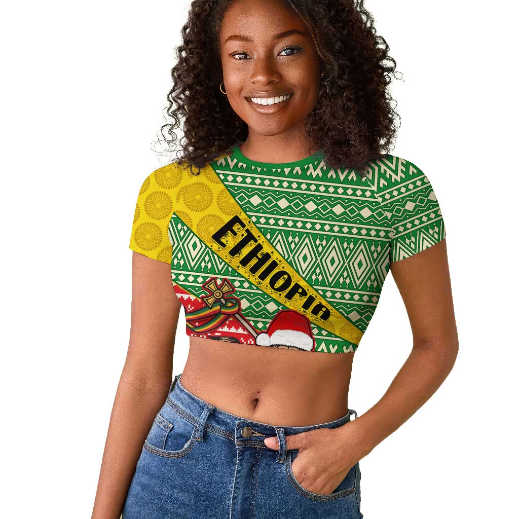 Ethiopia Christmas Raglan Cropped T shirt - Melkam Gena with African Pattern