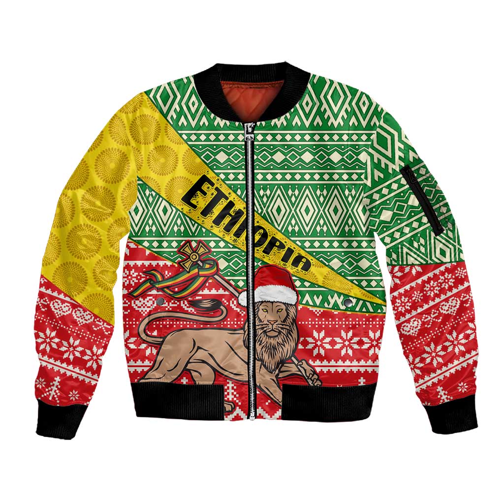 Ethiopia Christmas Sleeve Zip Bomber Jacket - Melkam Gena with African Pattern