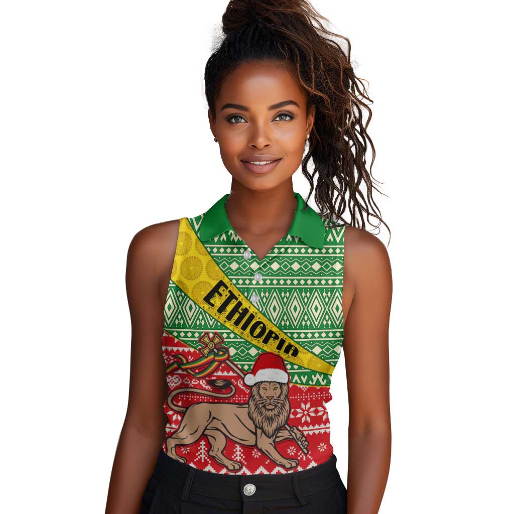 Ethiopia Christmas Women Sleeveless Polo Shirt - Melkam Gena with African Pattern