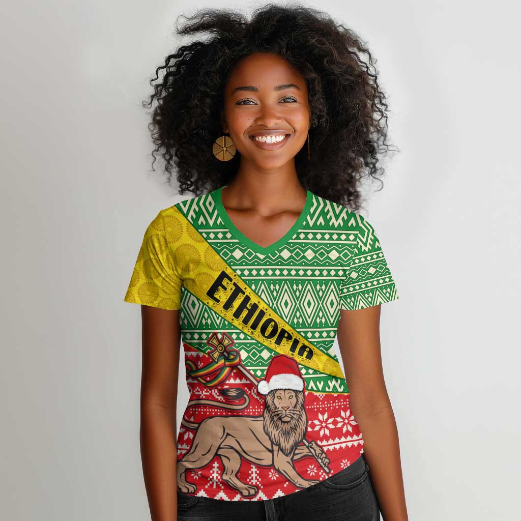 Ethiopia Christmas Women V-Neck T-Shirt - Melkam Gena with African Pattern