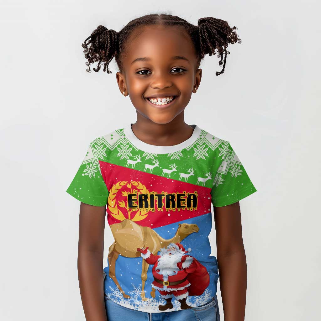 Custom Eritrea Christmas Kid T shirt with Santa Claus and Dromedary Camel