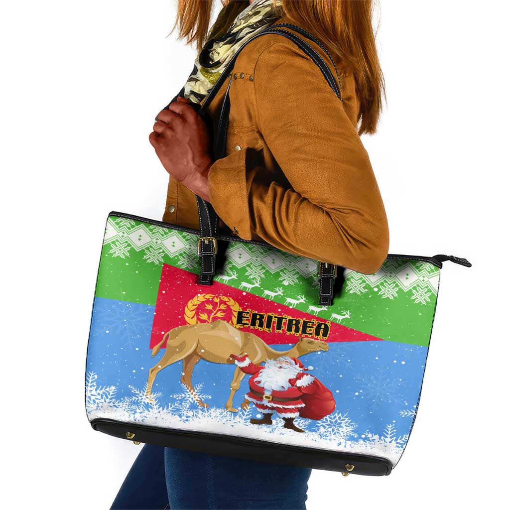 Eritrea Christmas Leather Tote Bag with Santa Claus and Dromedary Camel