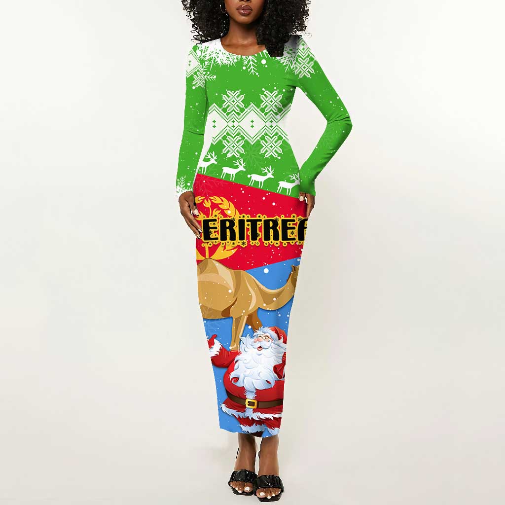 Custom Eritrea Christmas Long Sleeve Bodycon Dress with Santa Claus and Dromedary Camel