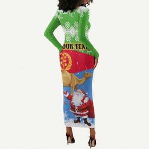 Custom Eritrea Christmas Long Sleeve Bodycon Dress with Santa Claus and Dromedary Camel