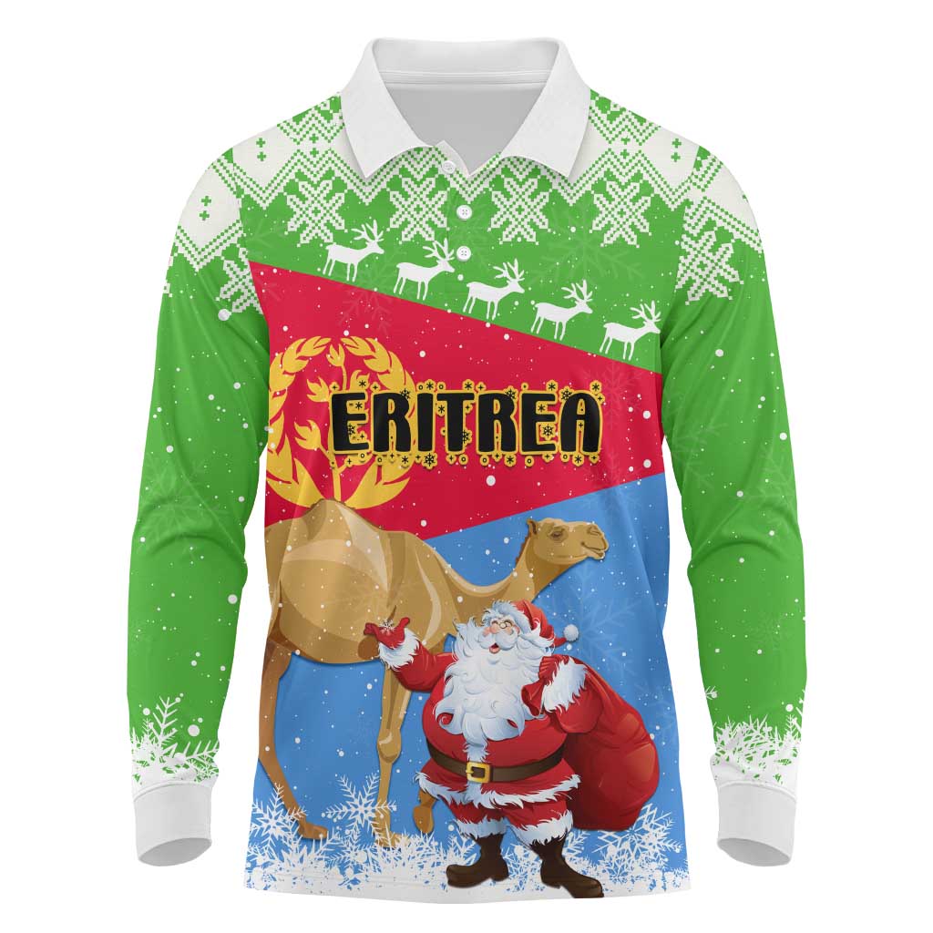 Custom Eritrea Christmas Long Sleeve Polo Shirt with Santa Claus and Dromedary Camel