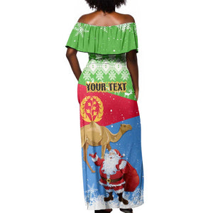 Custom Eritrea Christmas Off Shoulder Maxi Dress with Santa Claus and Dromedary Camel