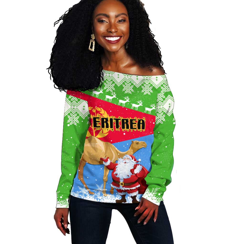 Custom Eritrea Christmas Off Shoulder Sweater with Santa Claus and Dromedary Camel