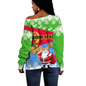 Custom Eritrea Christmas Off Shoulder Sweater with Santa Claus and Dromedary Camel