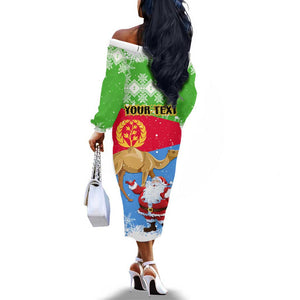 Custom Eritrea Christmas Off The Shoulder Long Sleeve Dress with Santa Claus and Dromedary Camel