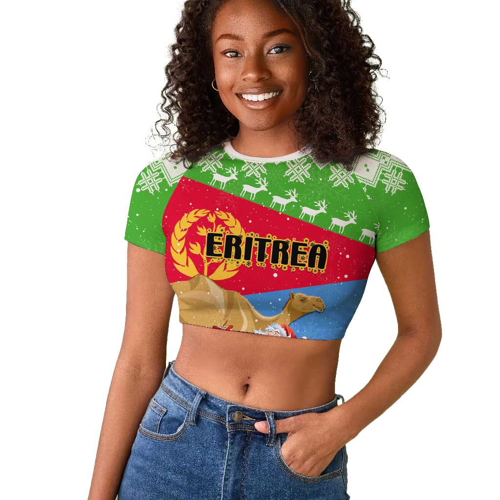 Custom Eritrea Christmas Raglan Cropped T shirt with Santa Claus and Dromedary Camel