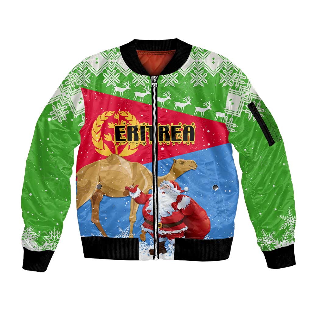 Custom Eritrea Christmas Sleeve Zip Bomber Jacket with Santa Claus and Dromedary Camel