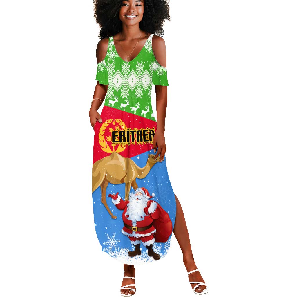 Custom Eritrea Christmas Summer Maxi Dress with Santa Claus and Dromedary Camel