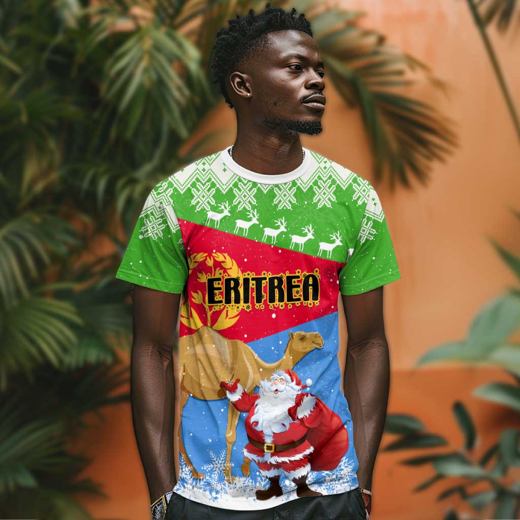 Custom Eritrea Christmas T shirt with Santa Claus and Dromedary Camel