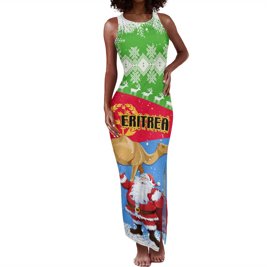 Custom Eritrea Christmas Tank Maxi Dress with Santa Claus and Dromedary Camel