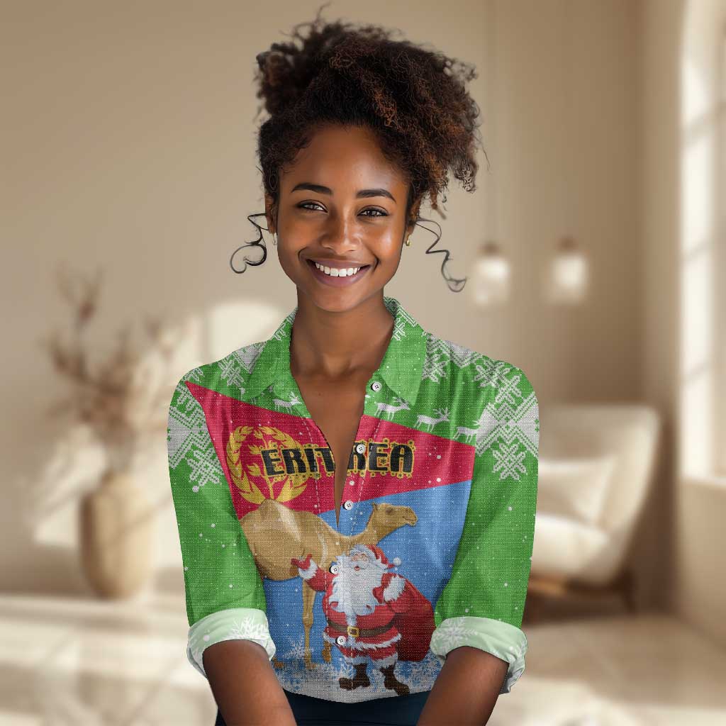 Custom Eritrea Christmas Women Casual Shirt with Santa Claus and Dromedary Camel