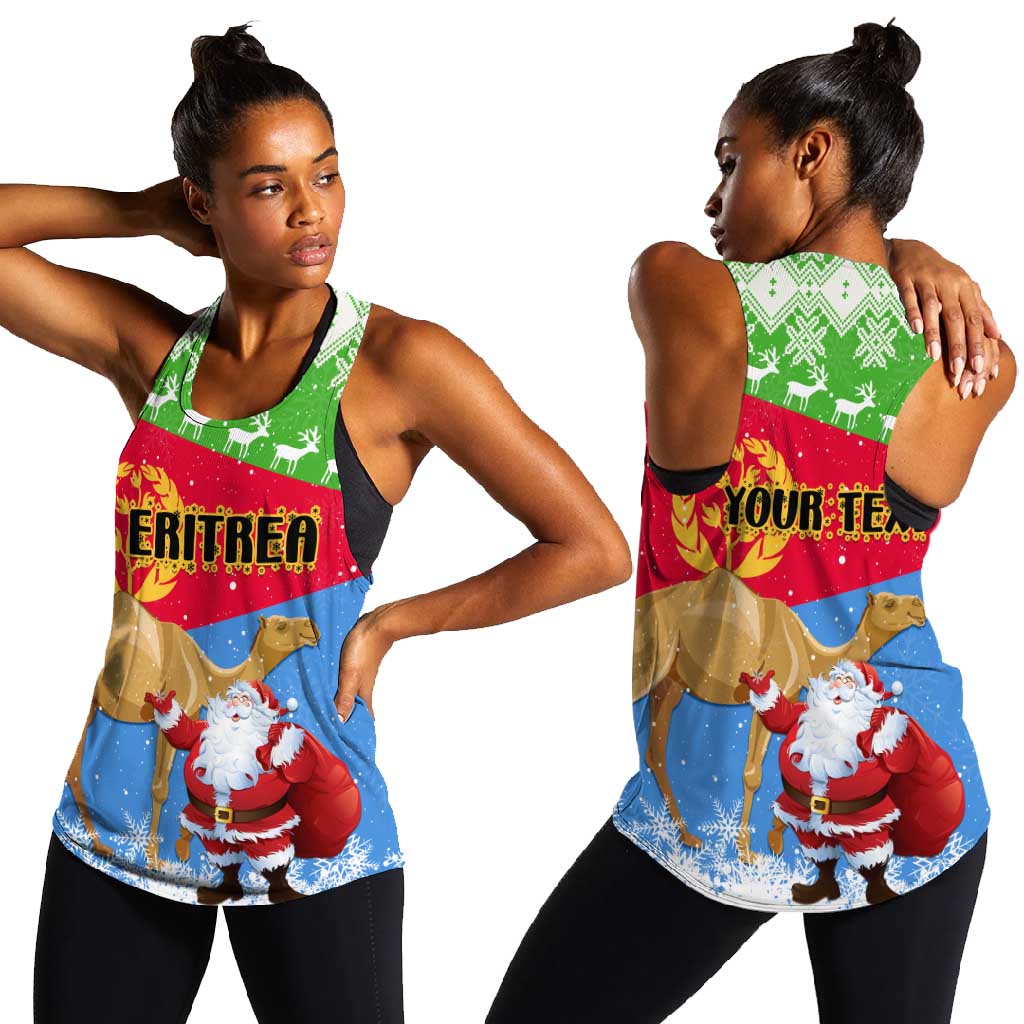 Custom Eritrea Christmas Women Racerback Tank with Santa Claus and Dromedary Camel