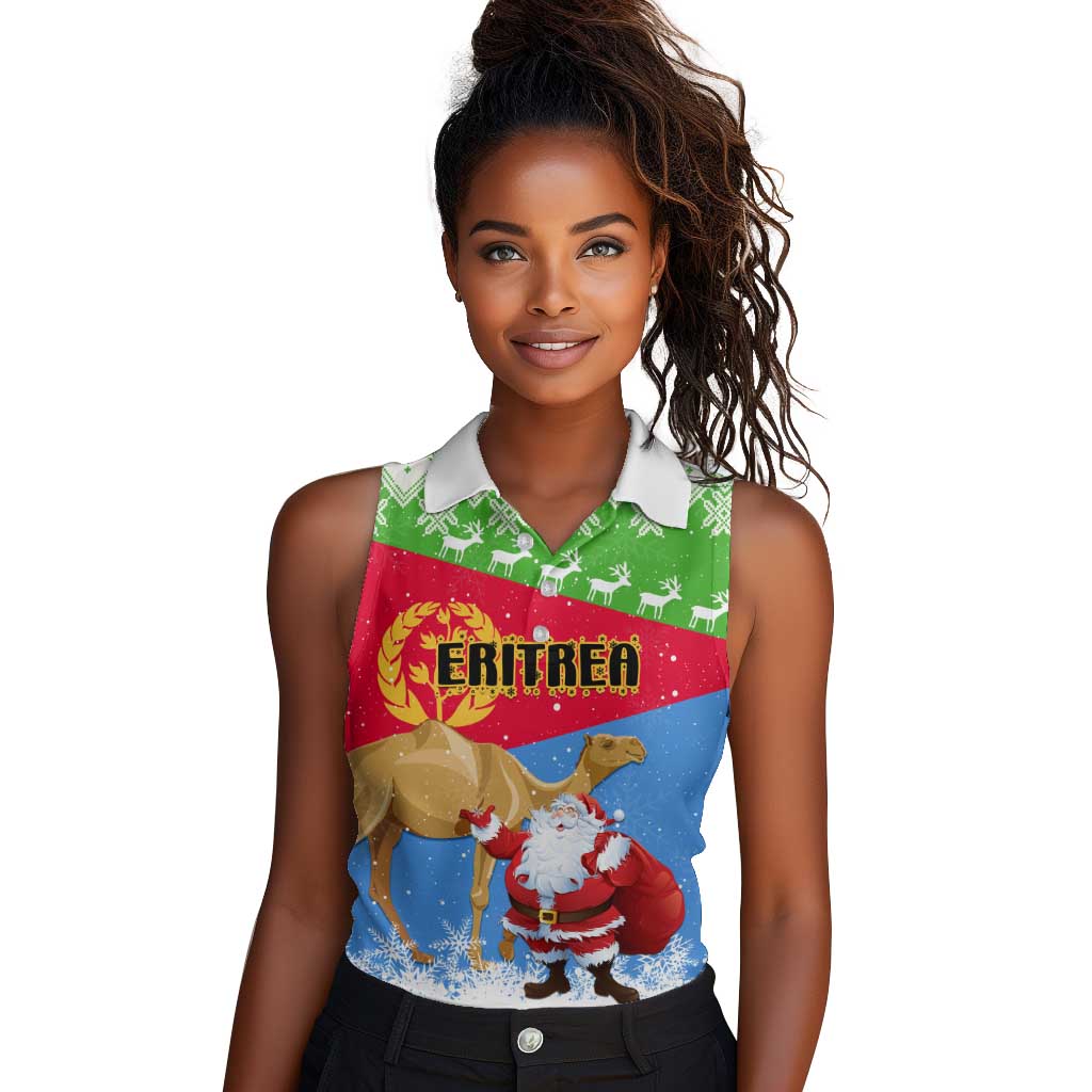 Custom Eritrea Christmas Women Sleeveless Polo Shirt with Santa Claus and Dromedary Camel