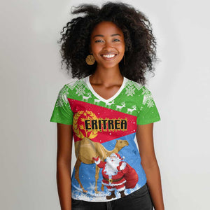 Custom Eritrea Christmas Women V-Neck T-Shirt with Santa Claus and Dromedary Camel