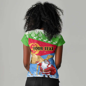 Custom Eritrea Christmas Women V-Neck T-Shirt with Santa Claus and Dromedary Camel