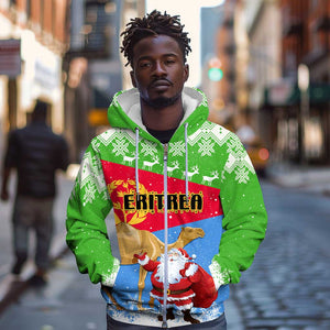 Custom Eritrea Christmas Zip Hoodie with Santa Claus and Dromedary Camel