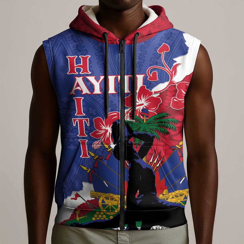 Personalised Afro Haiti Le Marron Inconnu Sleeveless Zip Hoodie Dashiki Mix Polynesian Pattern - African Pride