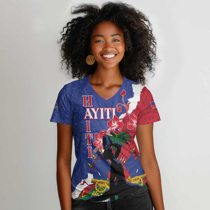 Personalised Afro Haiti Le Marron Inconnu Women V-Neck T-Shirt Dashiki Mix Polynesian Pattern