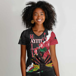 Personalised Afro Ayiti Neg Marron Women V-Neck T-Shirt Dashiki Mix Polynesian Pattern