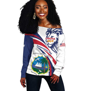 Liberia Independence Day Off Shoulder Sweater July 26 Lion Coat of Arms