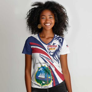 Liberia Independence Day Women V-Neck T-Shirt July 26 Lion Coat of Arms