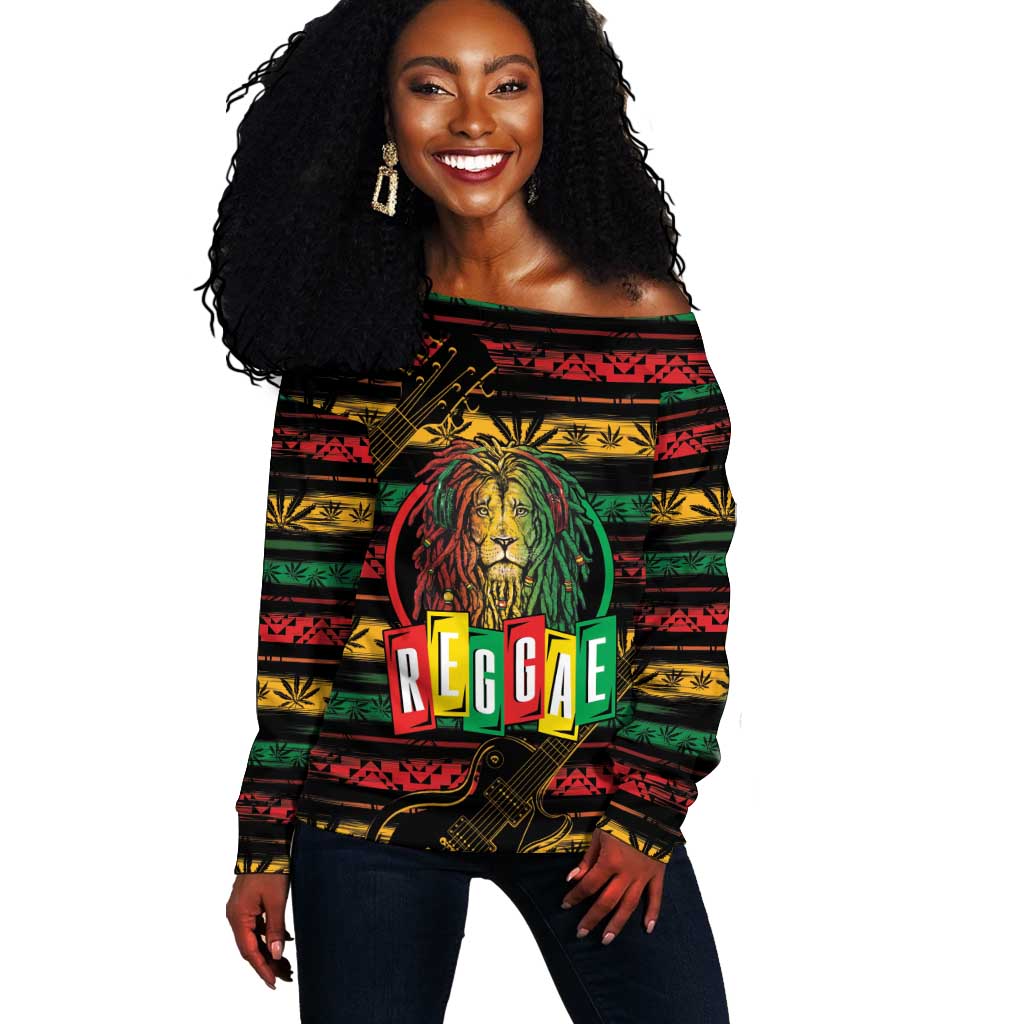 International Reggae Day Off Shoulder Sweater Rastafarian Lion Legend of Reggae