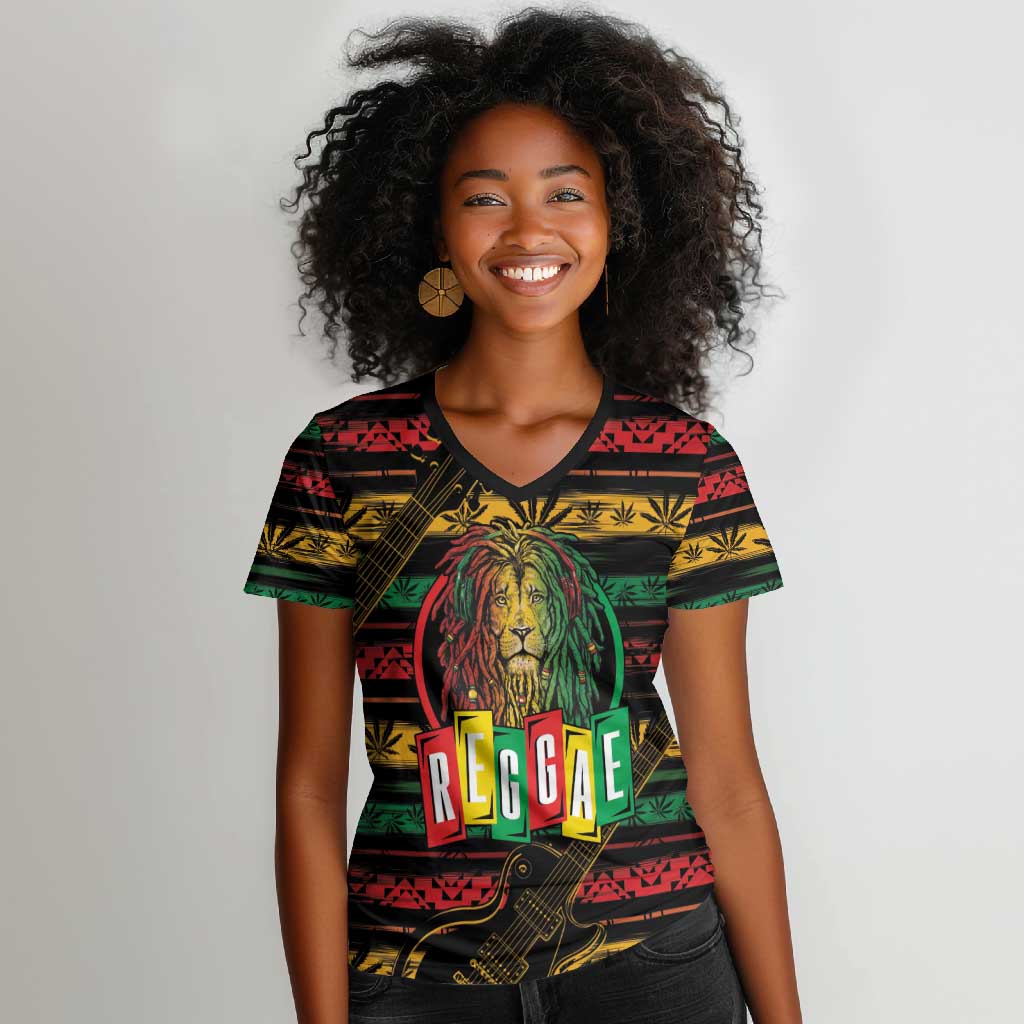 International Reggae Day Women V-Neck T-Shirt Rastafarian Lion Legend of Reggae