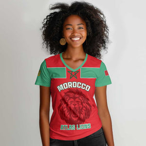 Morocco Football Women V-Neck T-Shirt - Go The Atlas Lions