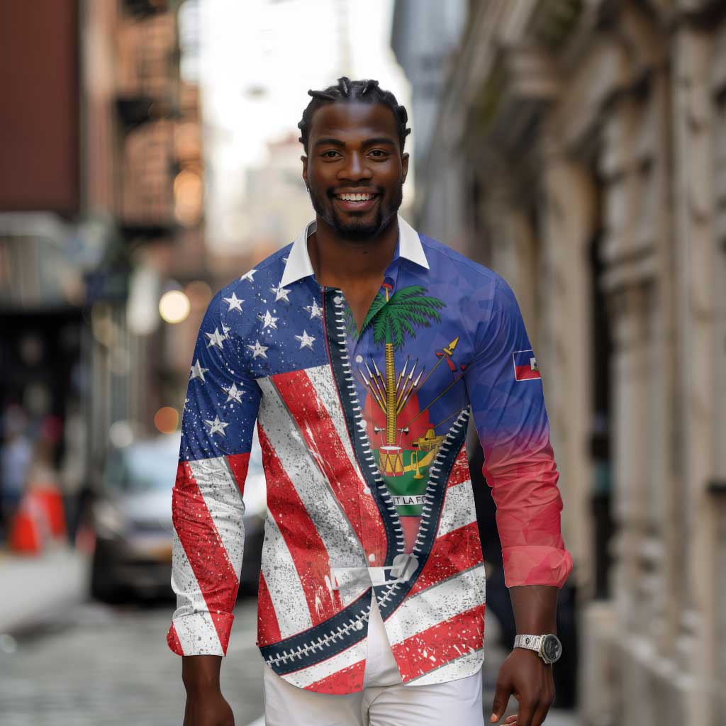 Haitian Americans Zipper Stylized Long Sleeve Button Shirt Haiti Heritage Month 2025