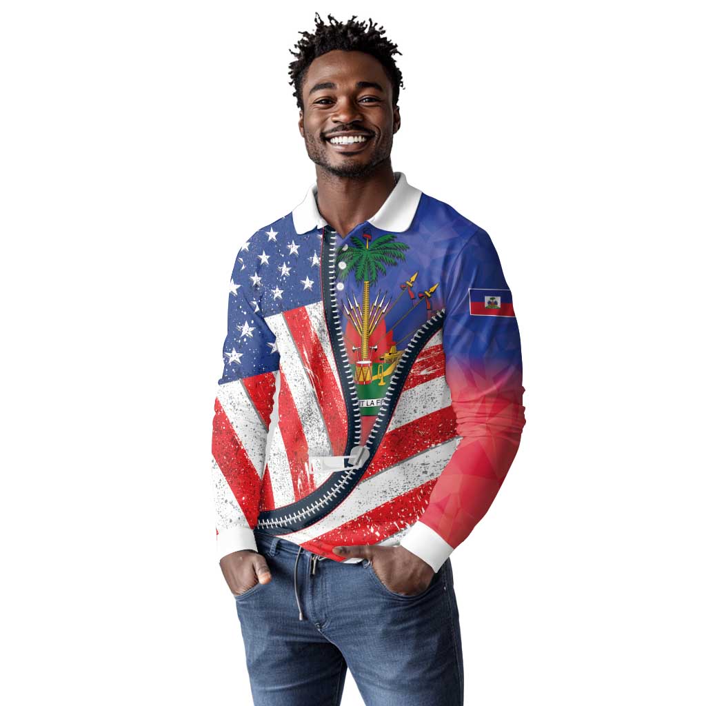 Haitian Americans Zipper Stylized Long Sleeve Polo Shirt Haiti Heritage Month 2025