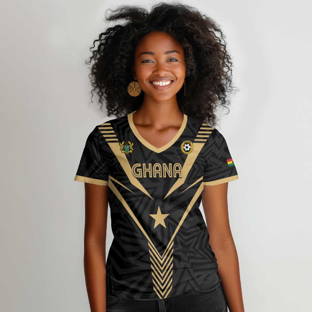 Custom Football 2026 Ghana Women V-Neck T-Shirt Black Stars Rise